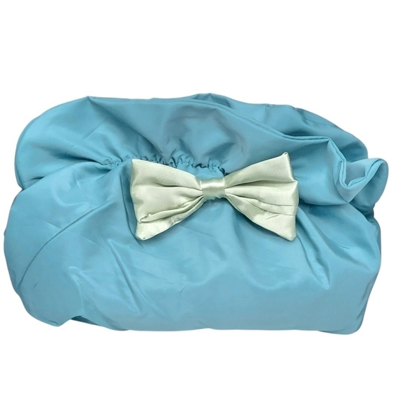 Francesca's Collections Handbags - Ruffle Cosmetic Bag Francesca's Blue Taffeta With Green Bow Medium Size NWT